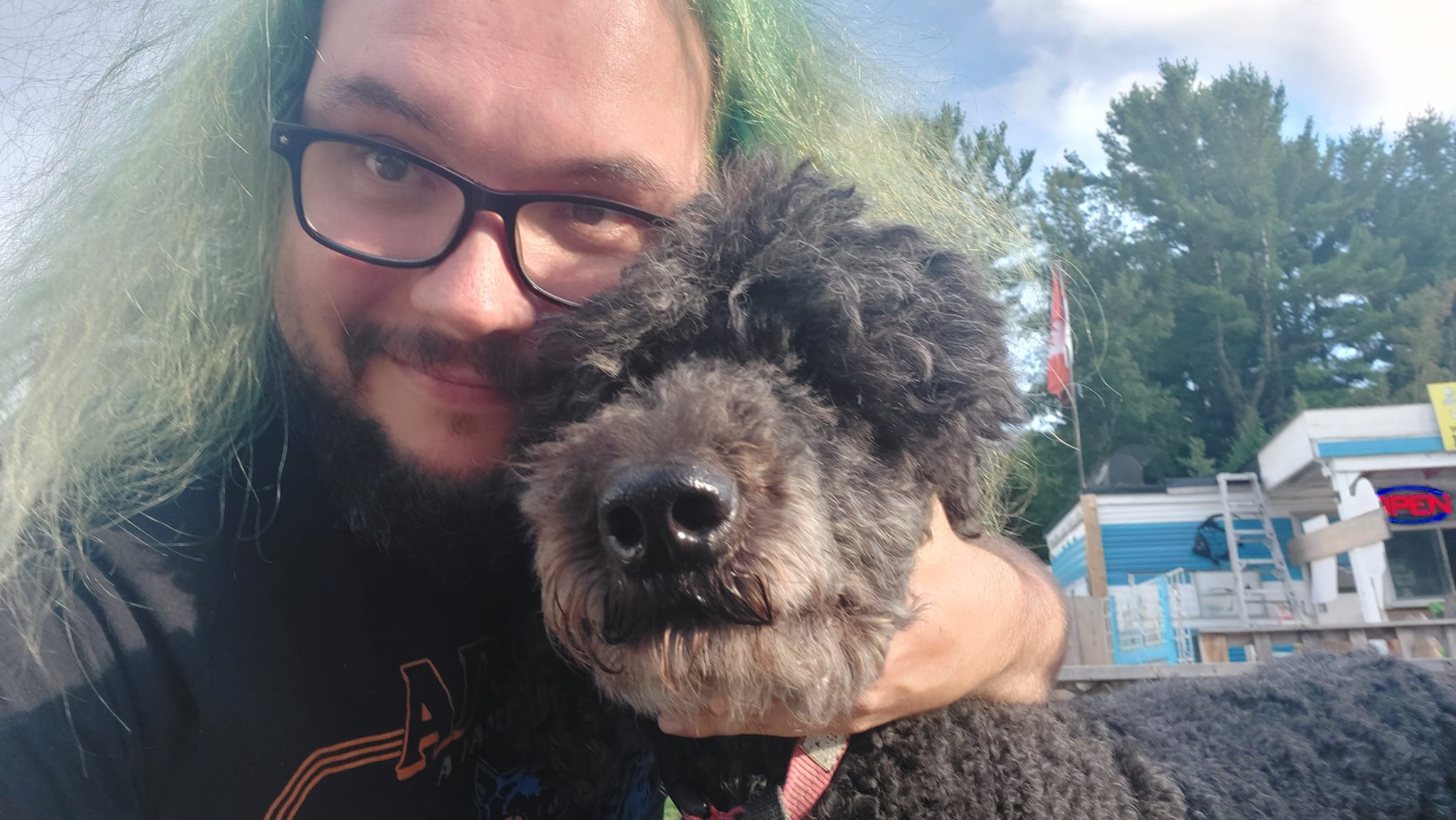 A man with green hair and a beard is hugging a black standard poodle who is much too excited for stillness